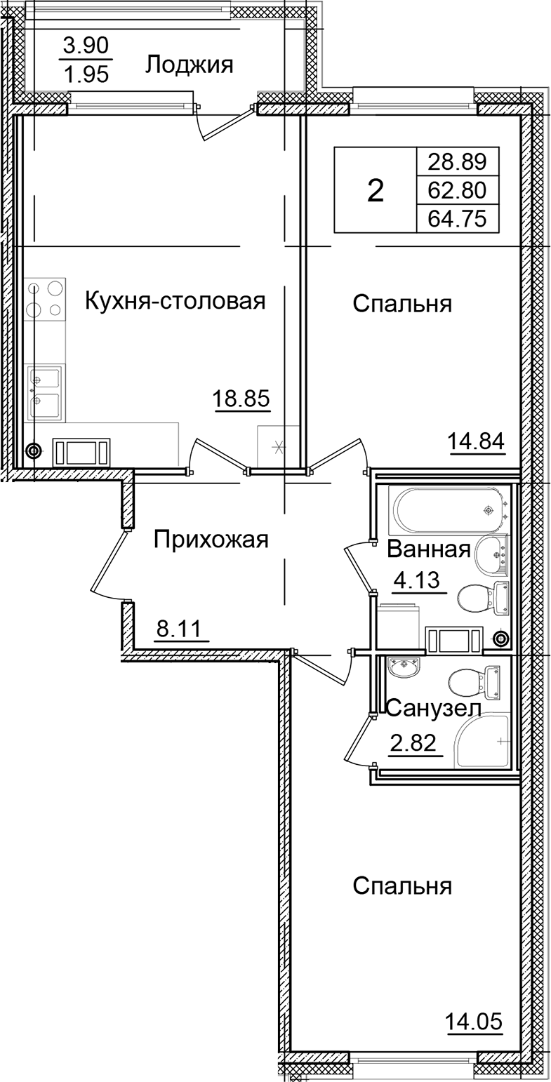 2-комнатная квартира 64.75 м², 9/9 эт., ЖК «Квартал Заречье»